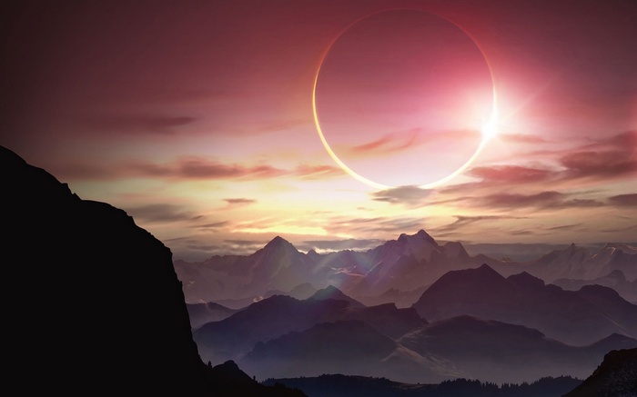 landscape, artwork, eclipse , solar eclipse, mountains, fantasy art, Sun, lights