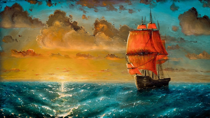 Sailing Ship with Red Sails at Sunset