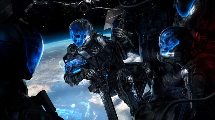Soldiers in futuristic armor in space with Earth below