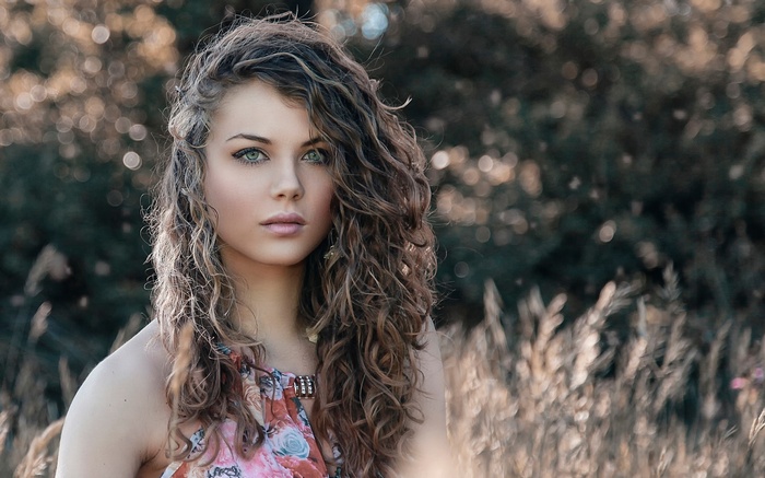 model, Alessandro Di Cicco, long hair, face, wavy hair, nature, bare shoulders, looking at viewer, curly hair, blue eyes, women outdoors, grain, dress, brunette, women