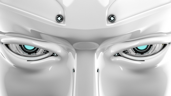 Robot Face with Blue Cybernetic Eyes and Screws