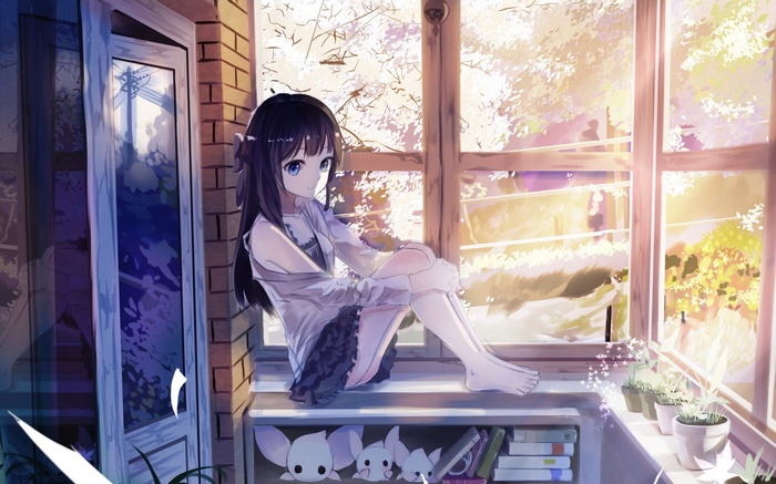 Anime girl sitting by the window