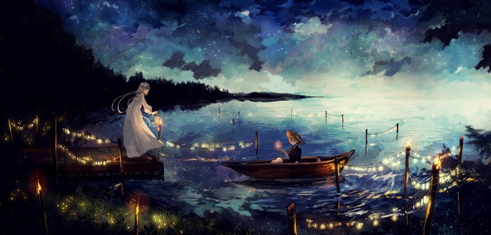 Two figures with lanterns by a starry lake