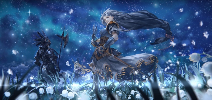 Valkyrie Profile 2: Silmeria characters under a starry sky