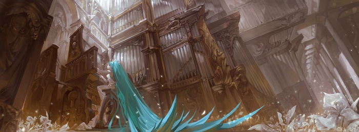 Hatsune Miku playing a grand pipe organ in a cathedral