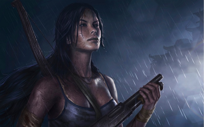 Lara Croft with bow and shotgun in the rain