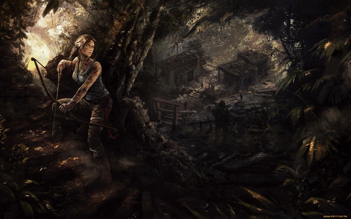 Lara Croft with bow in a jungle village