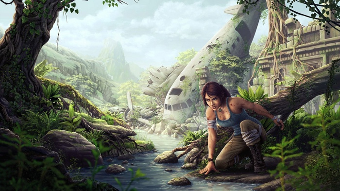 Lara Croft in a jungle with a crashed airplane