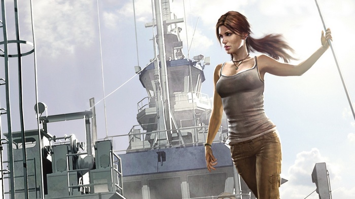 Lara Croft on a ship with a cloudy sky