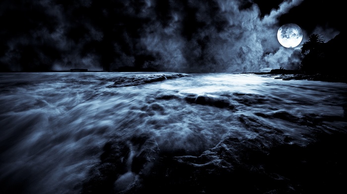 Moonlit Sea with Clouds and Rocky Shore