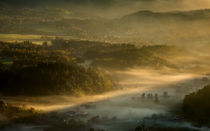 Misty valley with forests and villages at sunrise
