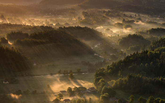 Misty valley with sun rays over a village and forest