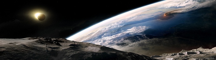 Astronauts on the Moon overlooking Earth with a volcano
