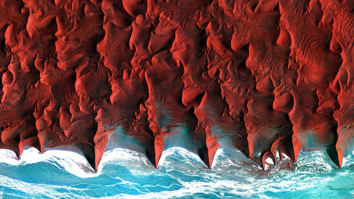dune, aerial view, Namibia, satellite, sea, coast, desert, nature, Africa
