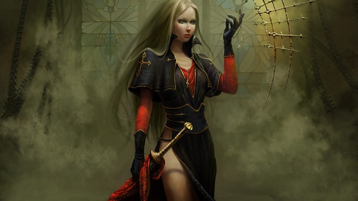 Fantasy warrior woman with blonde hair and sword