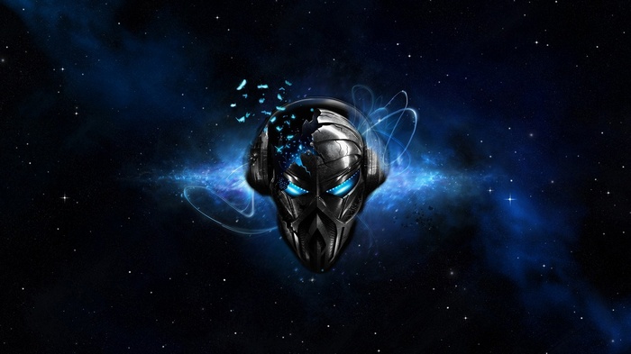 Shattered Skull with Headphones in Space
