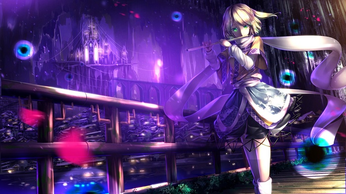 Mizuhashi Parsee playing flute in a fantasy city