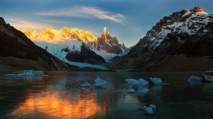 Cerro Torre mountains and lake at sunrise, Argentina