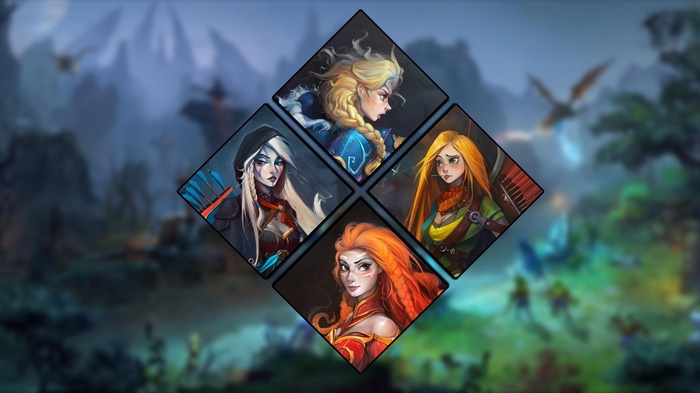 Dota 2 Heroes: Windranger, Drow Ranger, Rylai, and Lina