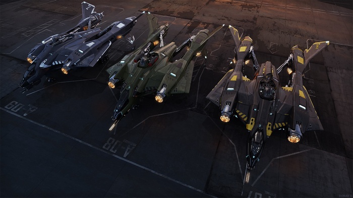 Three Star Citizen Vanguard spaceships on a tarmac
