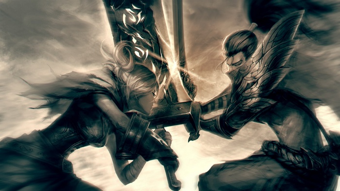 fictional, League of Legends, video games, Yasuo (League of Legends), artwork, battle, sword, fantasy art, Riven, Yasuo