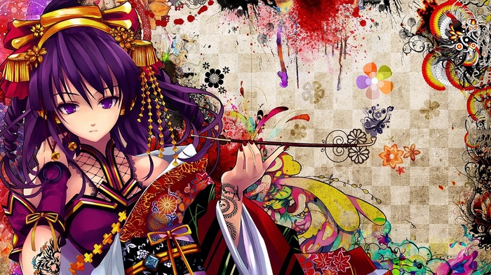 Anime girl with purple hair in traditional clothing