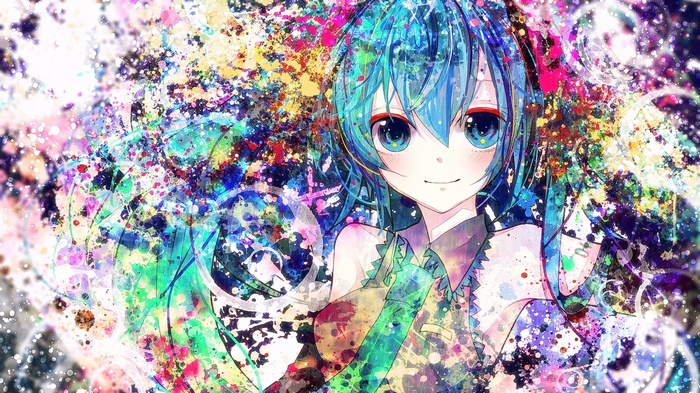 Hatsune Miku with Aqua Hair in Colorful Splatter Art