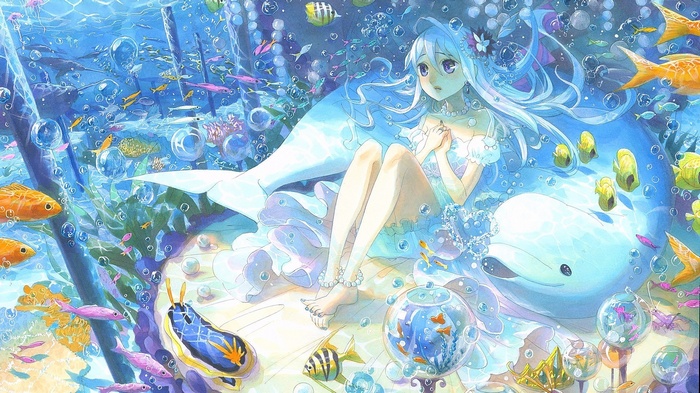 sea, anime, underwater, anime girls