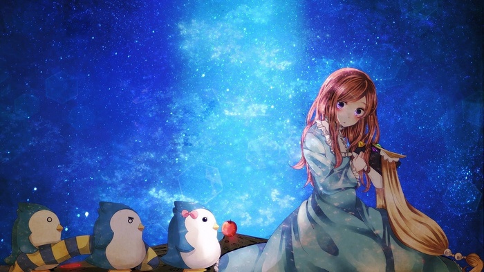 Anime girl and penguins in a starry sky
