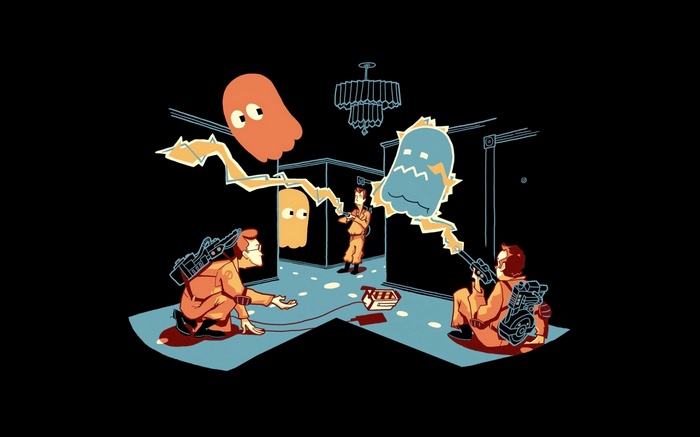 Pac-Man Ghosts vs. Ghostbusters in a hallway