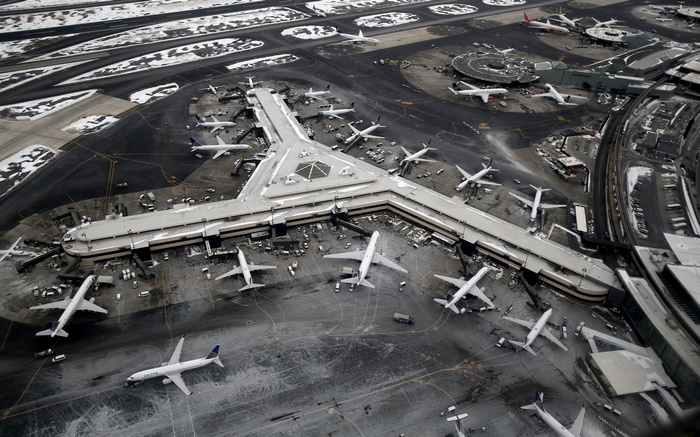 Aerial view of Newark Liberty International Airport in winter