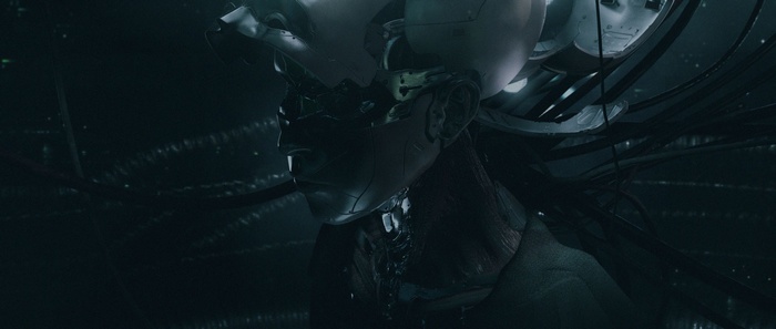 Cyberpunk cyborg with wires connected to head
