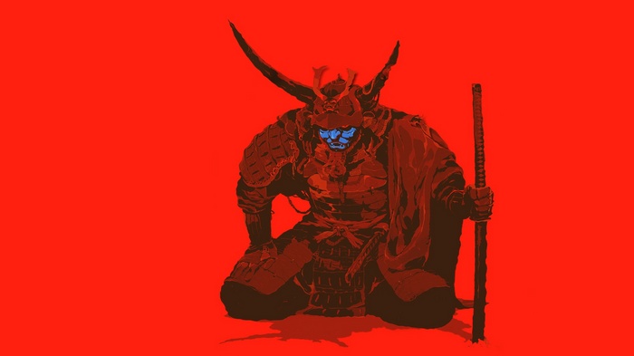 Samurai warrior with blue face and sword