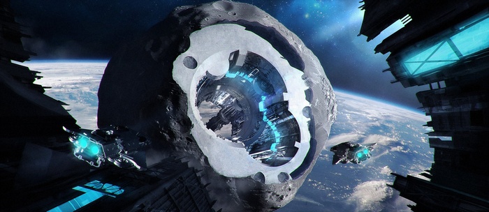 Spaceship docking at an asteroid base in orbit