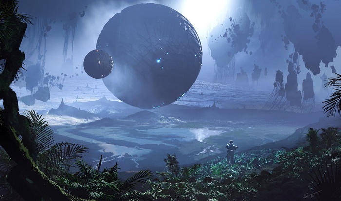 Alien planet with floating structures and a lone explorer