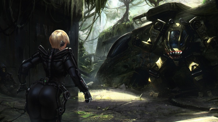 Woman in cybernetic suit facing a mech in a jungle