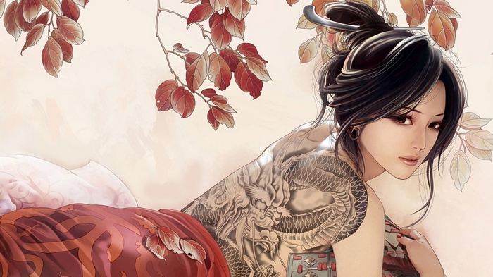 Asian woman with dragon tattoo