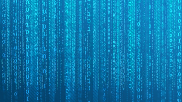 Blue digital rain of binary code