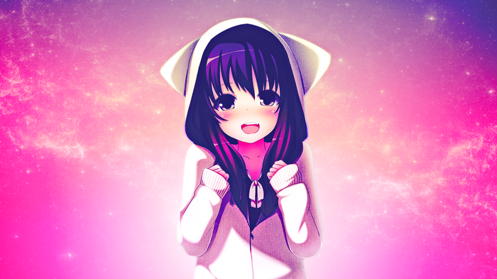 Anime girl with purple hair wearing a hoodie