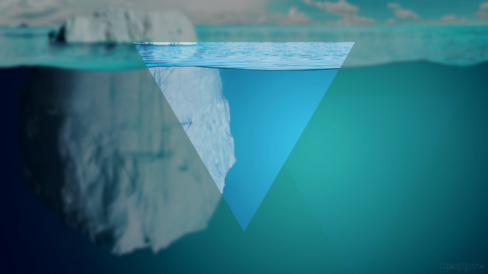Iceberg partially submerged in blue water with geometric overlay