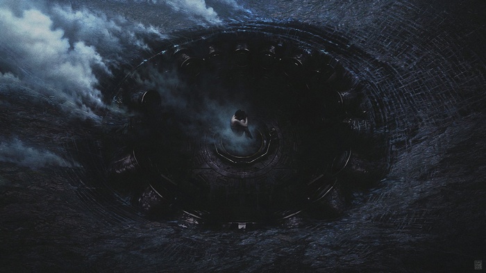 Woman in a dark circular structure in stormy water