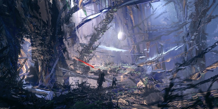 Two figures duel with lightsabers in a surreal, alien forest.
