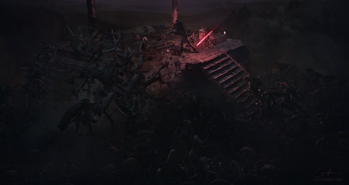 Sith Lord with Lightsaber fighting Aliens