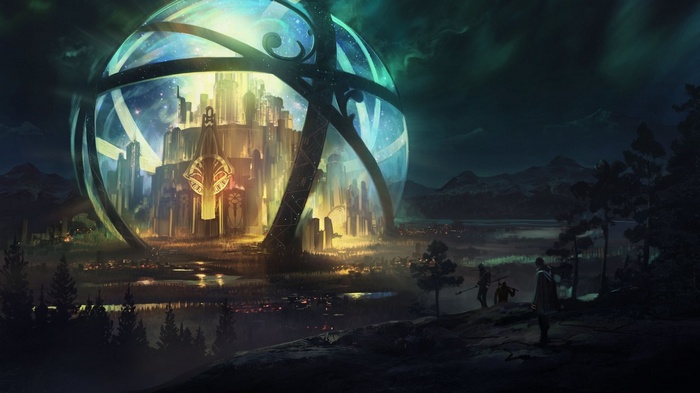 Fantasy city inside a glowing sphere under aurora