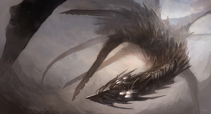 A dark, armored dragon in a misty cavern