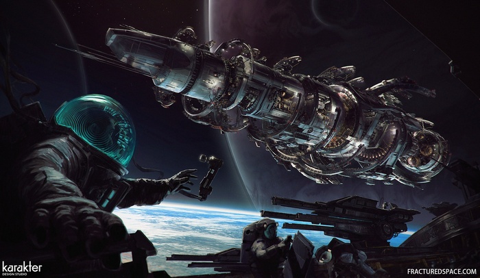 Astronauts working on a space station above Earth