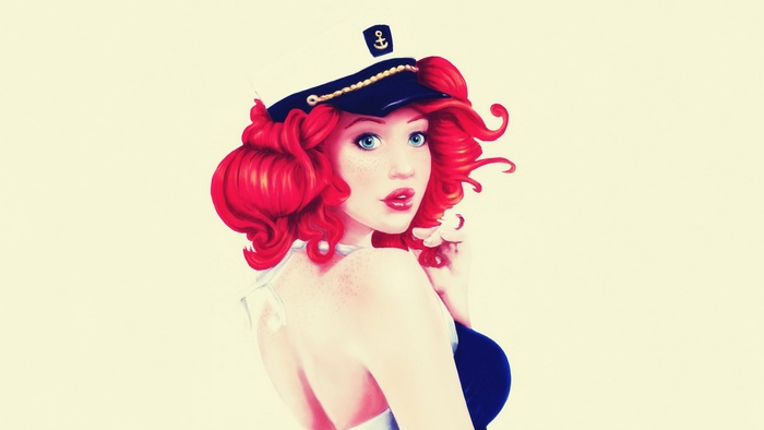 artwork, pinup models, redhead, hat, simple background