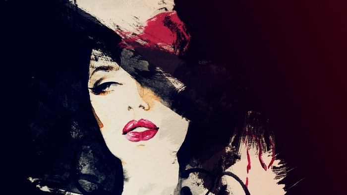 Painting of a woman with red lips and a hat