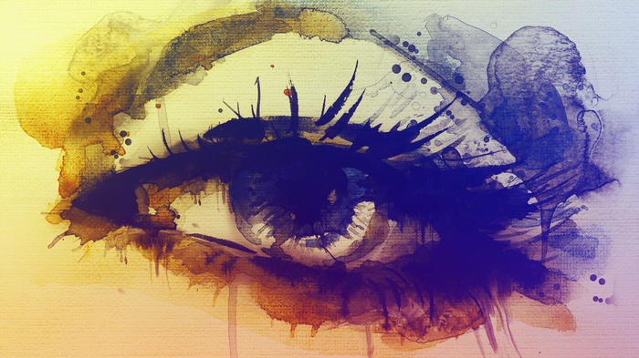Watercolor painting of a close-up eye with colorful splashes