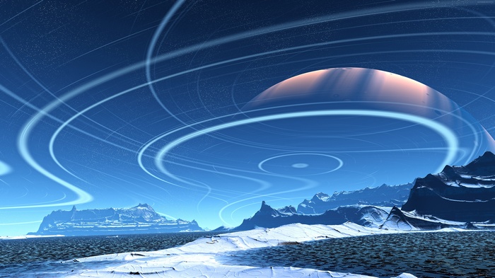 Surreal alien planet landscape with rings and mountains